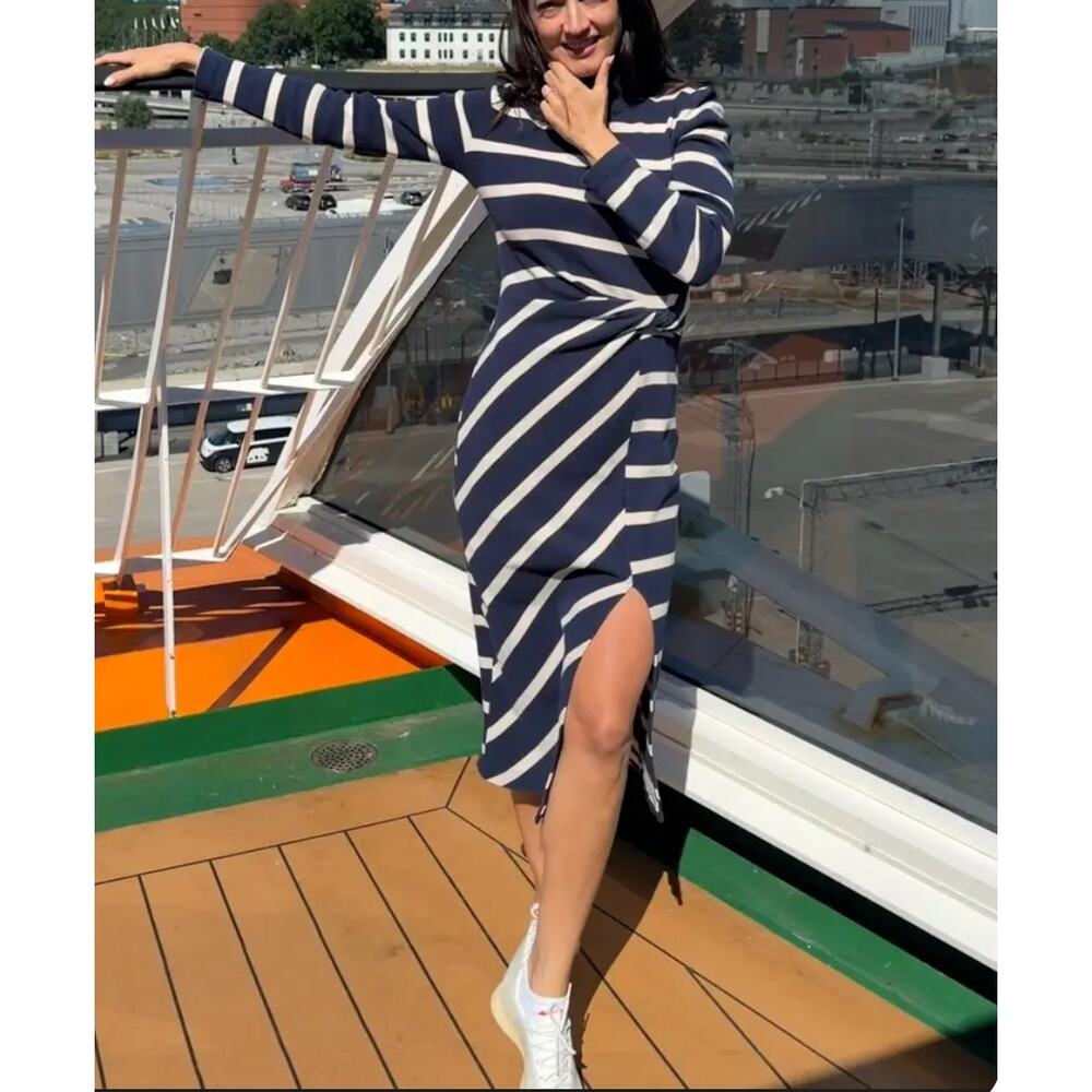 Tanya Taylor Blue White Striped Knit Midi Dress SMALL Career Work Cotton $400 - Picture 4 of 11